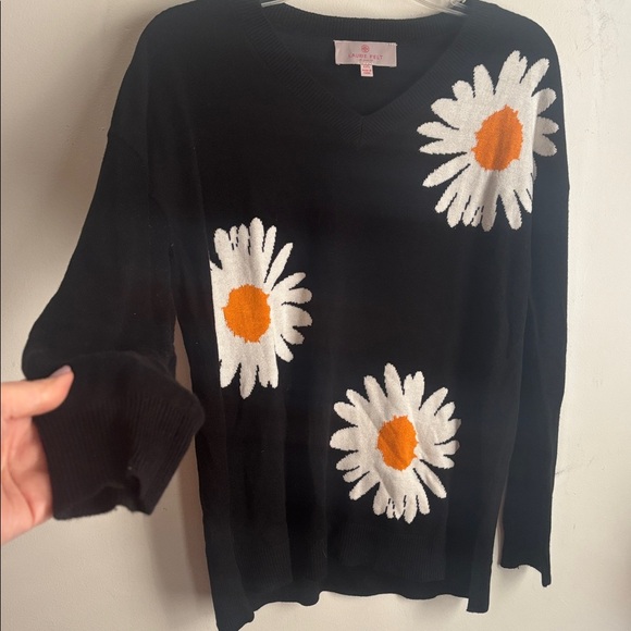 Laurie Felt |Cashmere Blend Navy V-Neck w/Daisy Pattern XXS - Picture 3 of 7